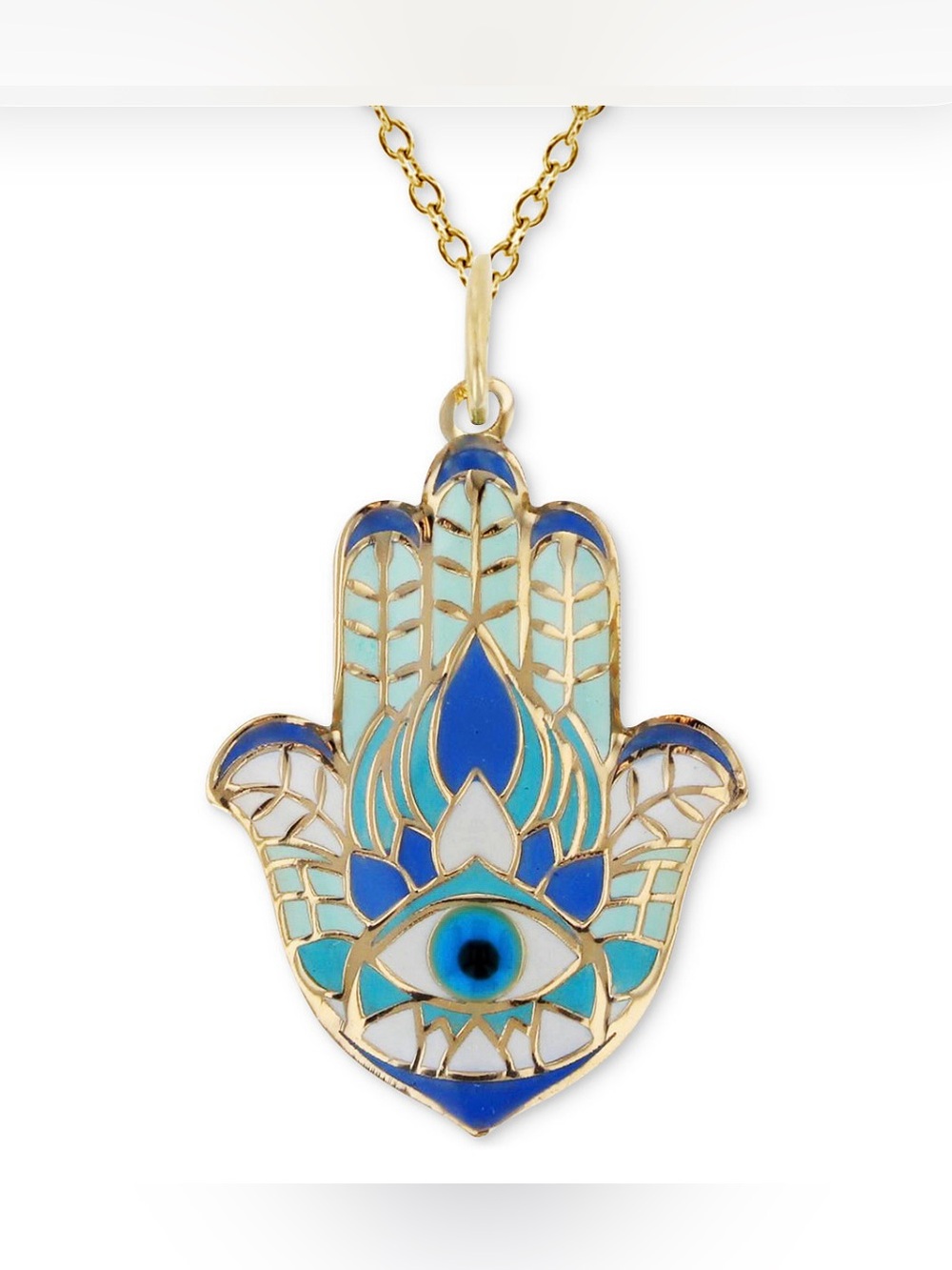 Gold Hamsa Hand Pendant with Blue and Turquoise Enamel